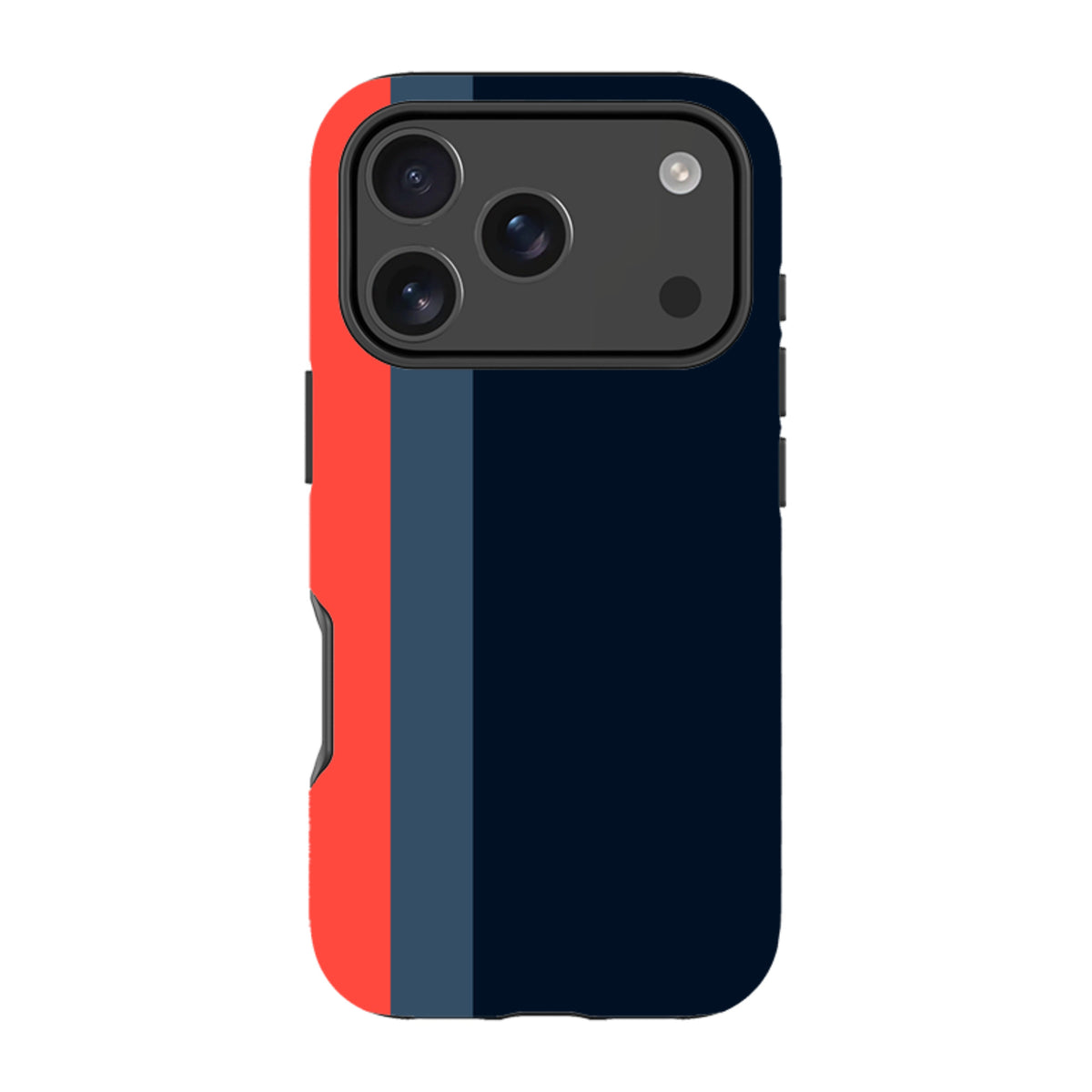 iPhone Tough Case in Chapel design featuring a vertical red, grey, and navy color-block pattern with dual-layer protection.
