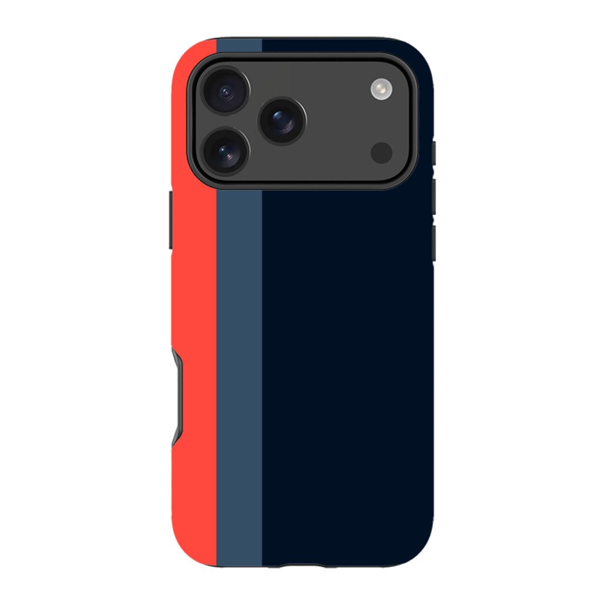 iPhone Tough Case in Chapel design featuring a vertical red, grey, and navy blue color-blocked pattern with dual-layer build.