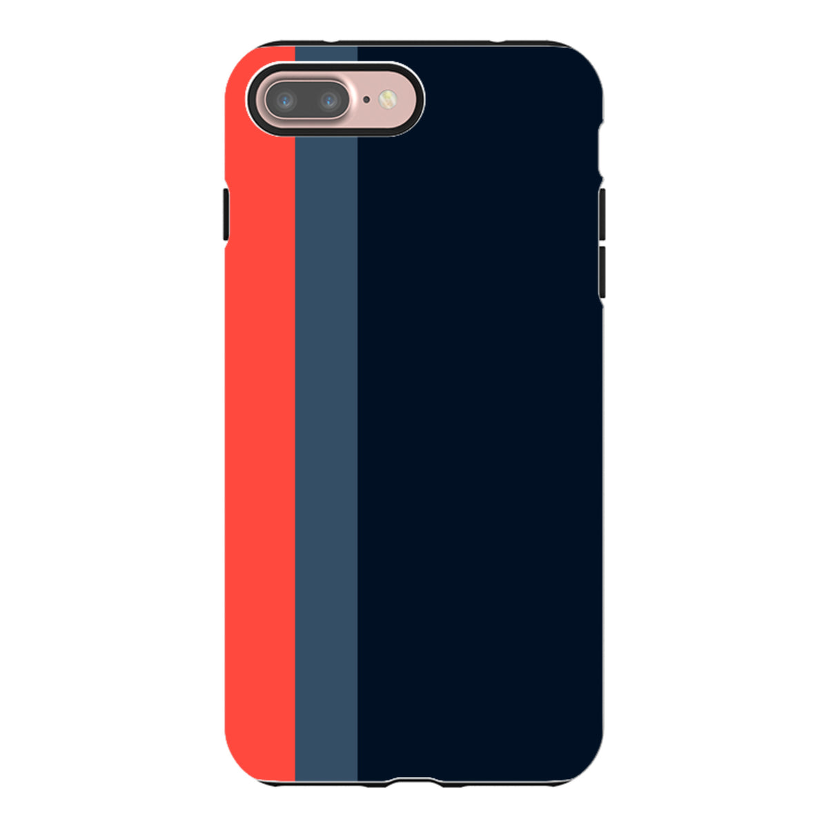 iPhone Tough Case in Chapel design featuring a vertical red, grey, and navy blue stripe pattern on a durable shell.
