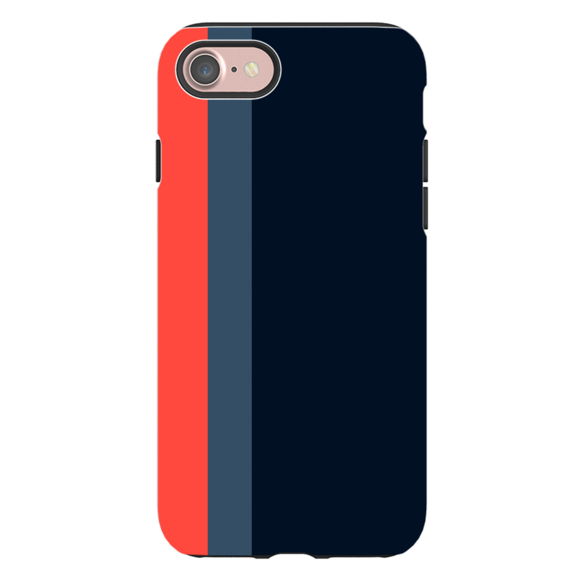 iPhone Tough Case in Chapel design featuring vertical red, grey, and dark blue stripes with a dual-layer protective shell.