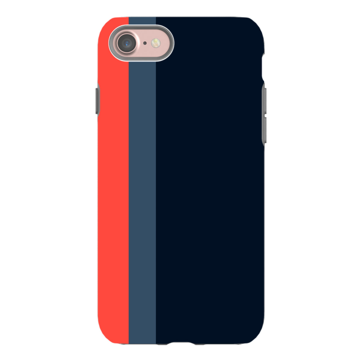 iPhone Tough Case in Chapel design featuring a vertical red, grey, and navy blue color-blocked pattern on a durable shell.