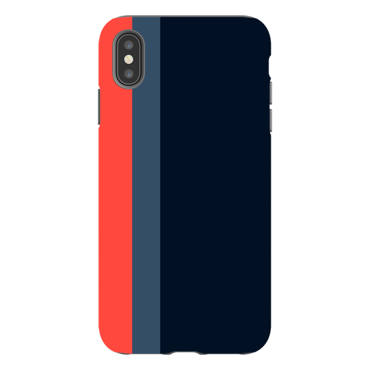 iPhone Tough Case in Chapel design featuring a vertical color-blocked pattern of vibrant red, slate blue, and deep navy.