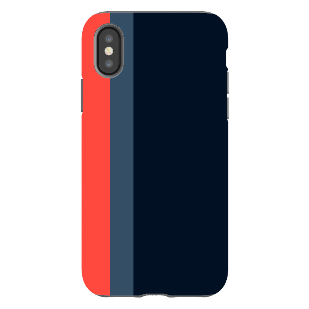 iPhone Tough Case in Chapel design featuring vertical stripes of red, slate blue, and dark navy with a dual-layer finish.
