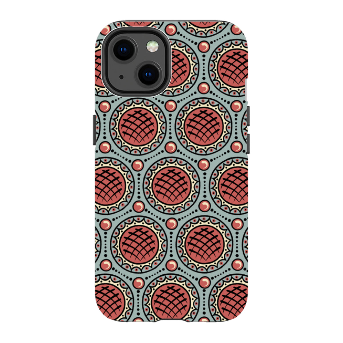 iPhone tough case with a red and blue geometric Charleston pattern by Cressida Bell, featuring a dual-layer protective design.