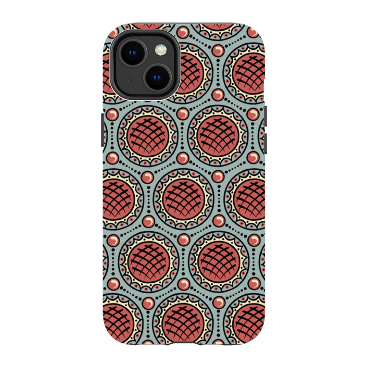 iPhone Tough Case in Charleston Red by Cressida Bell featuring a geometric red and blue circular pattern.