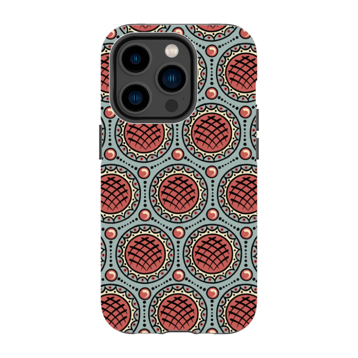 iPhone tough case featuring Cressida Bell's Charleston Red geometric pattern in red, cream, and blue on a dual-layer shell.