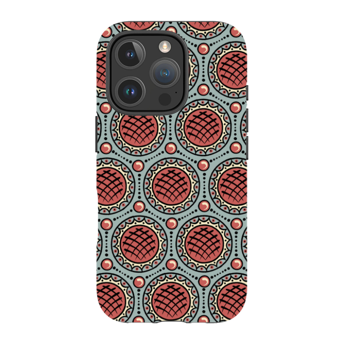 iPhone tough case featuring Cressida Bell's Charleston Red geometric pattern in red, cream, and blue on a dual-layer shell.