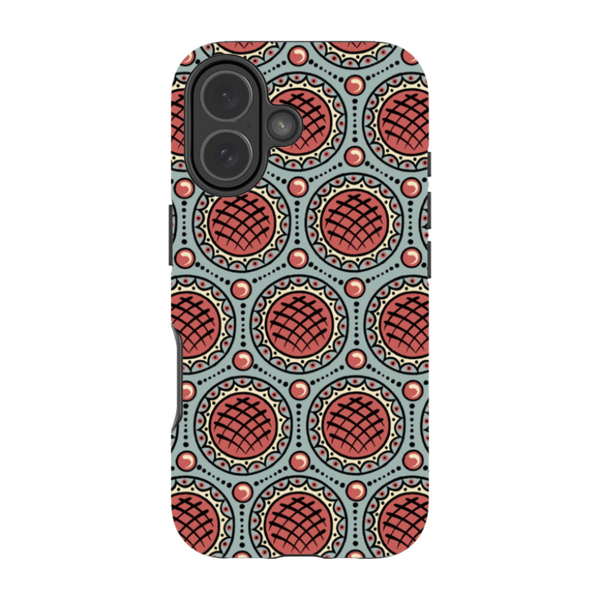 iPhone tough case with a red and blue geometric Charleston pattern by Cressida Bell, featuring a durable dual-layer design.