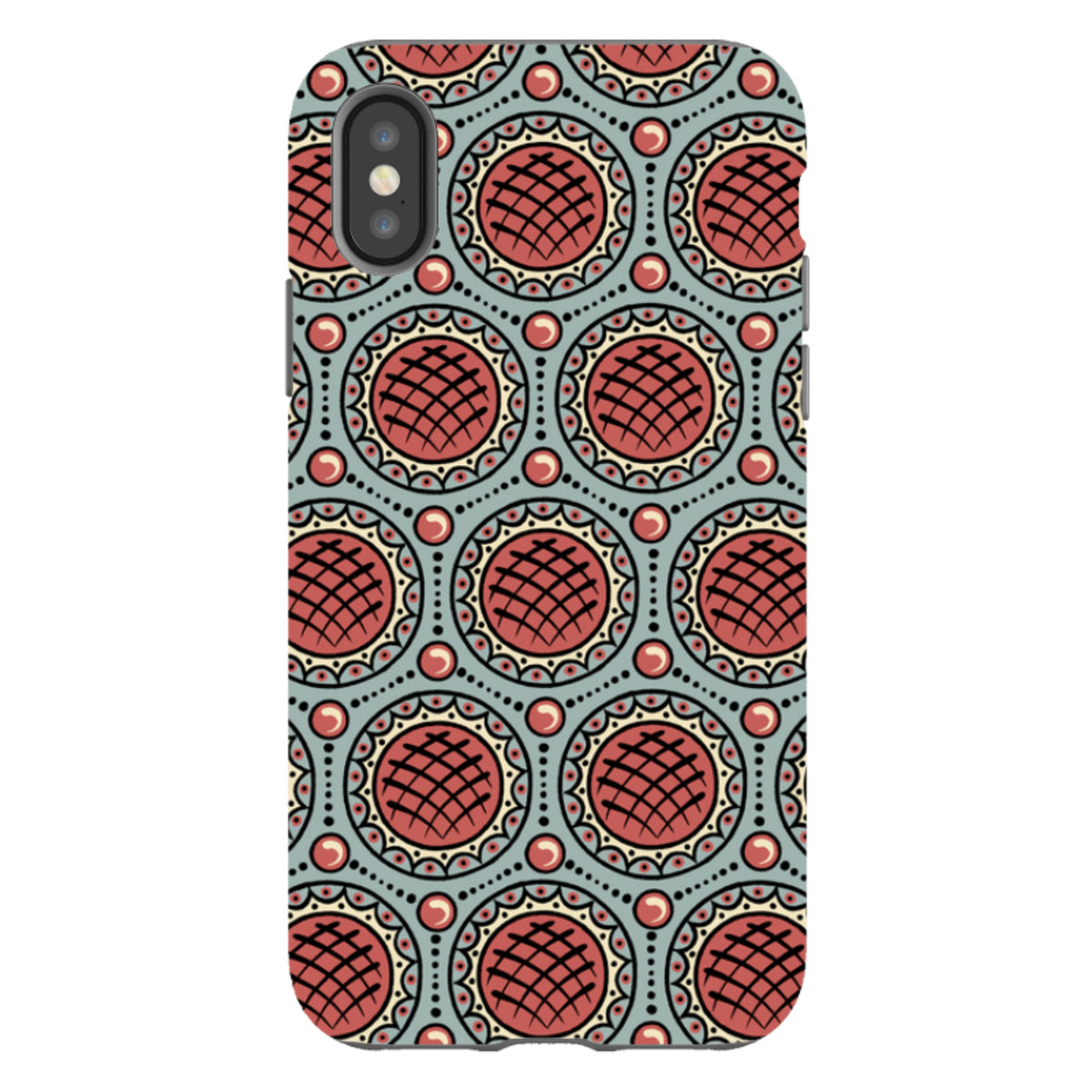 iPhone tough case featuring Cressida Bell's Charleston Red geometric pattern in red, cream, and teal with dual-layer design.