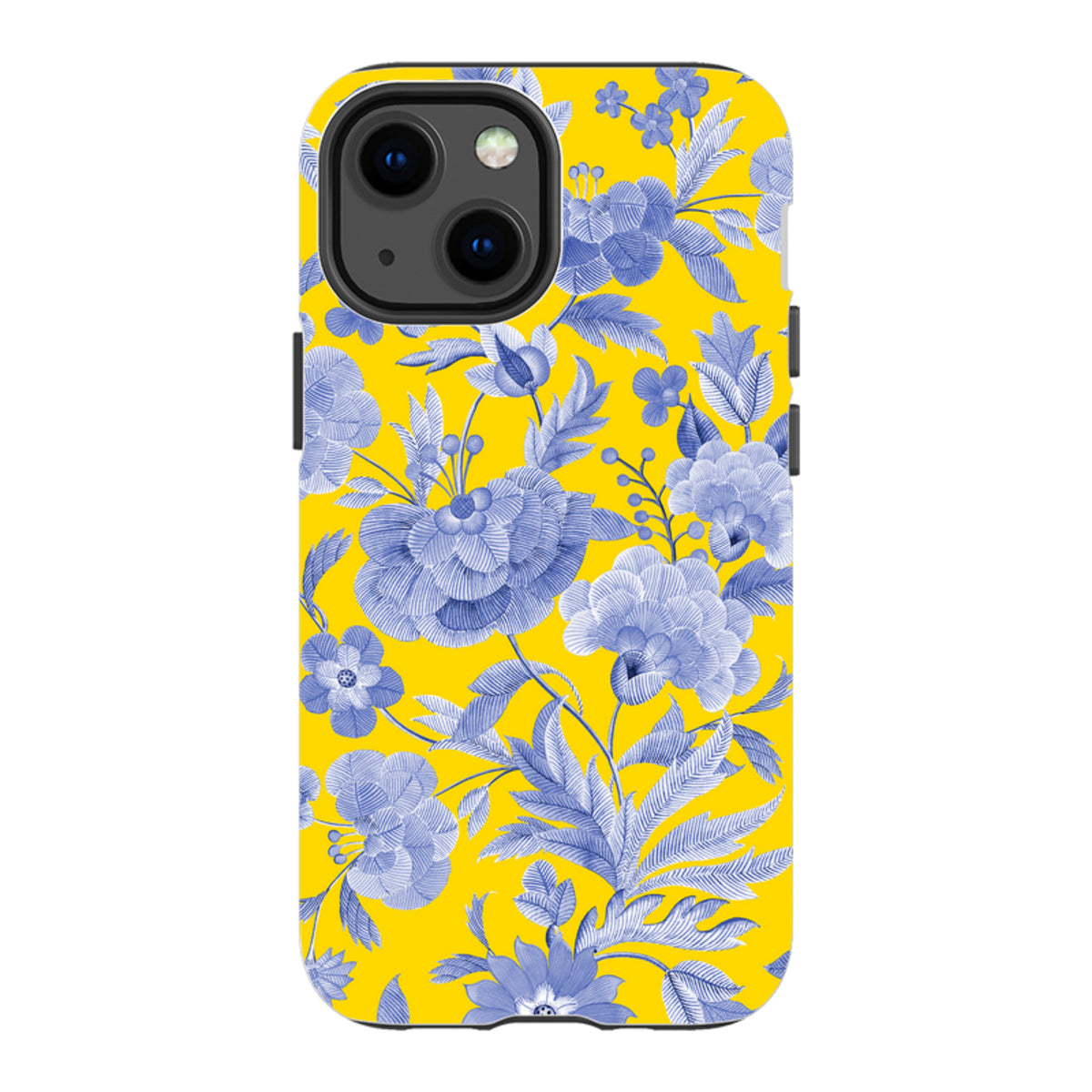 iPhone tough case with a bright yellow background and intricate blue floral botanical pattern.