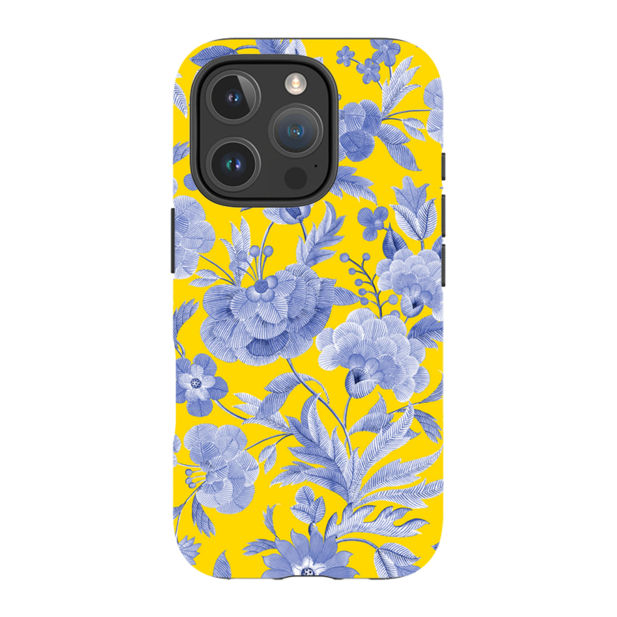 iPhone Tough Case with a bright yellow background and intricate blue floral botanical pattern.