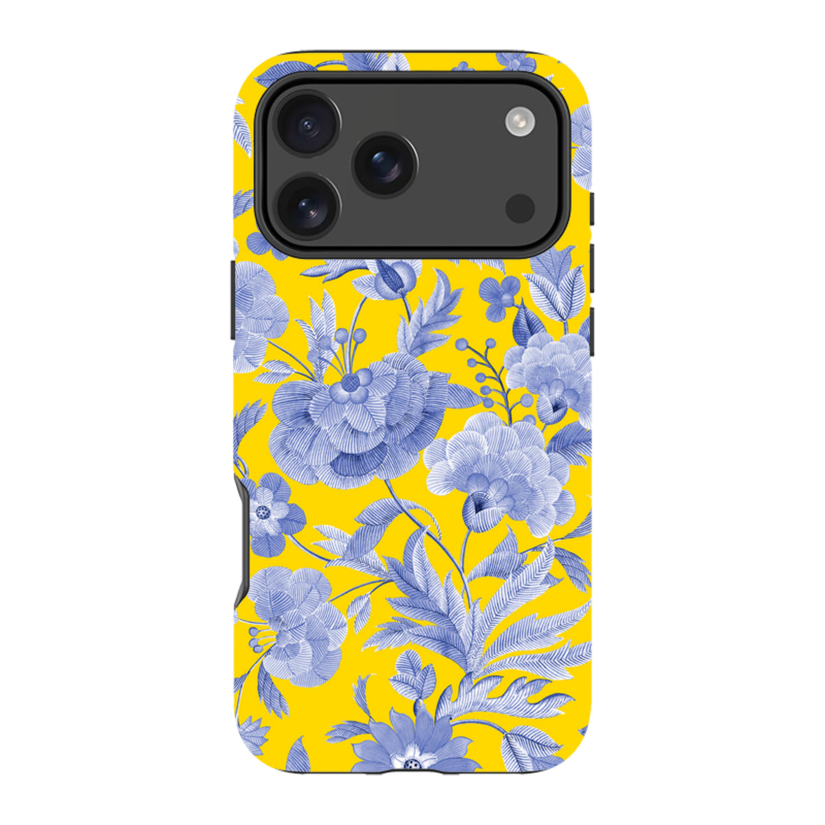 iPhone tough case with a vibrant yellow background and intricate blue floral botanical pattern for dual-layer protection.