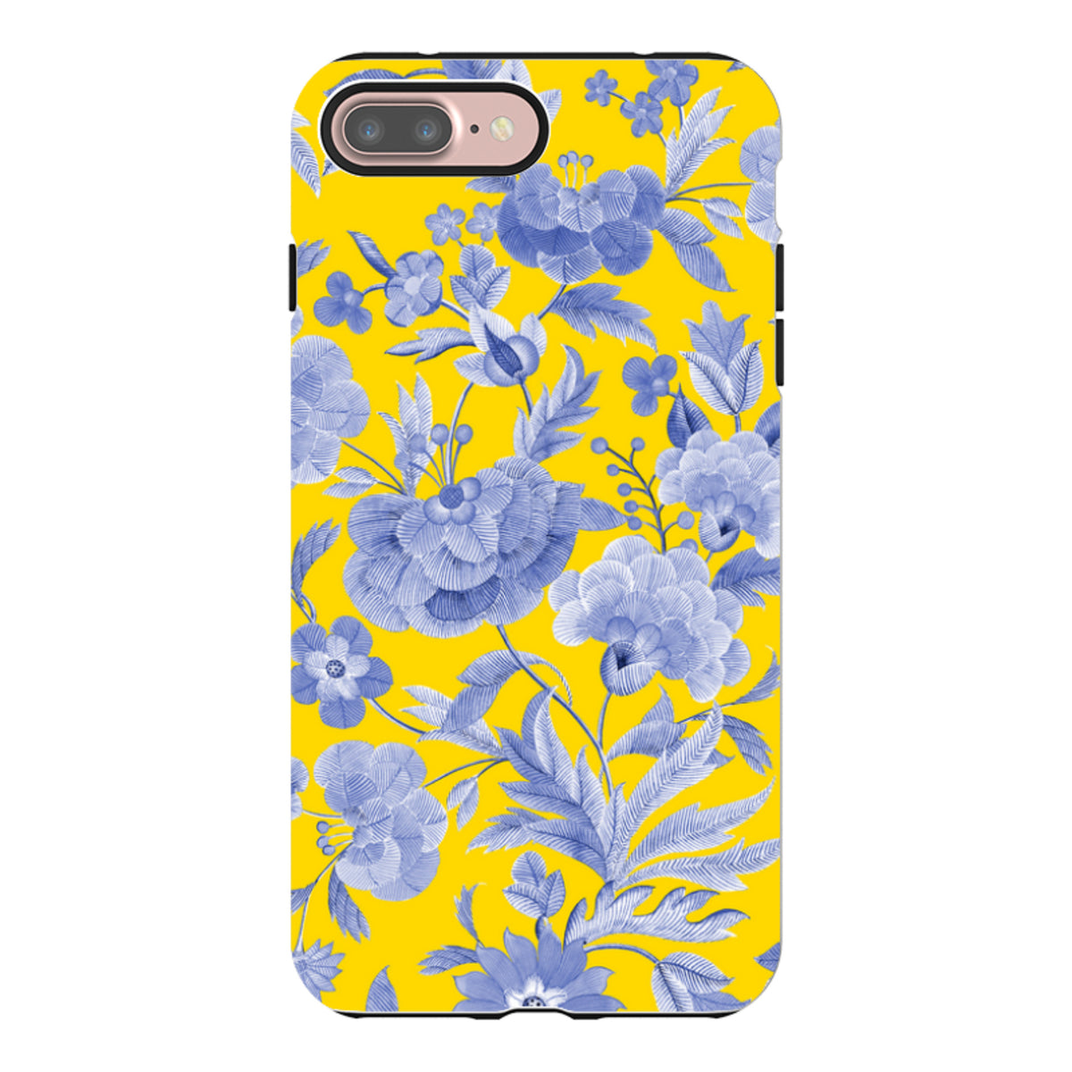 iPhone tough case featuring a vibrant yellow background with a detailed blue floral Chartwell Gardens pattern.