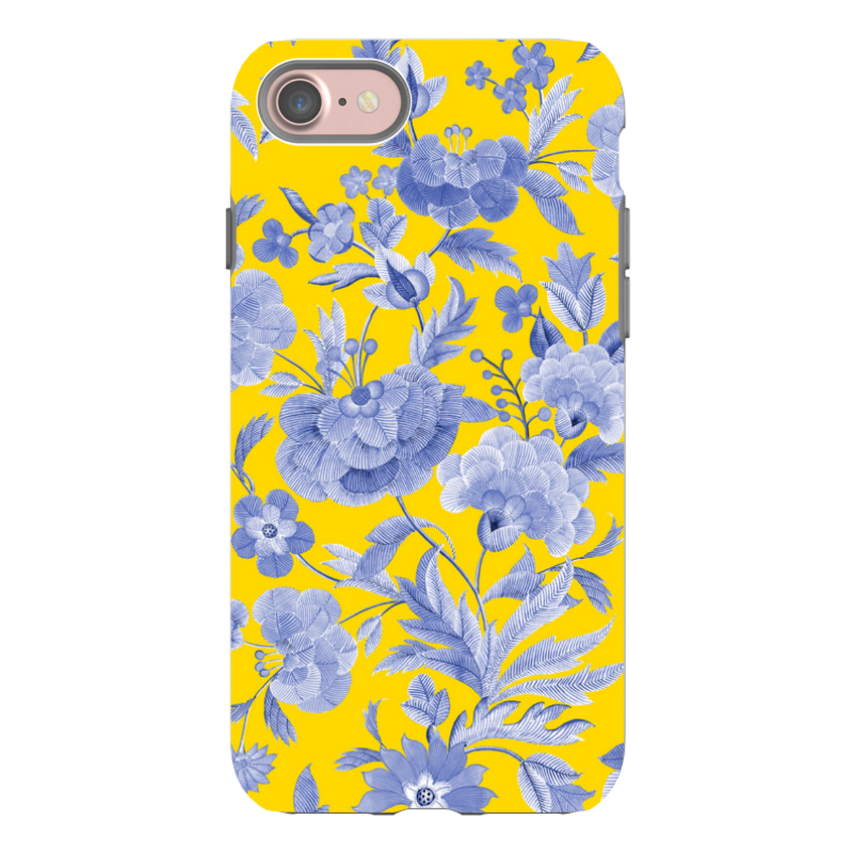 iPhone tough case featuring a vibrant yellow background with a blue floral Chinoiserie-style botanical pattern.