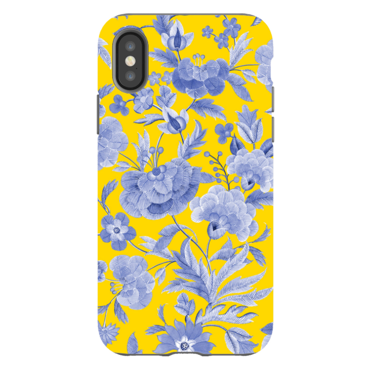 iPhone tough case with a vibrant yellow background and blue floral botanical print, featuring dual-layer protection.
