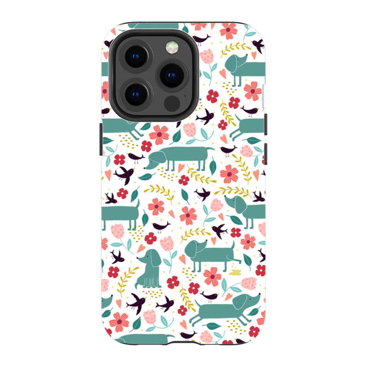 iPhone tough case with a teal dachshund, floral, and bird pattern on a white background with dual-layer protection.