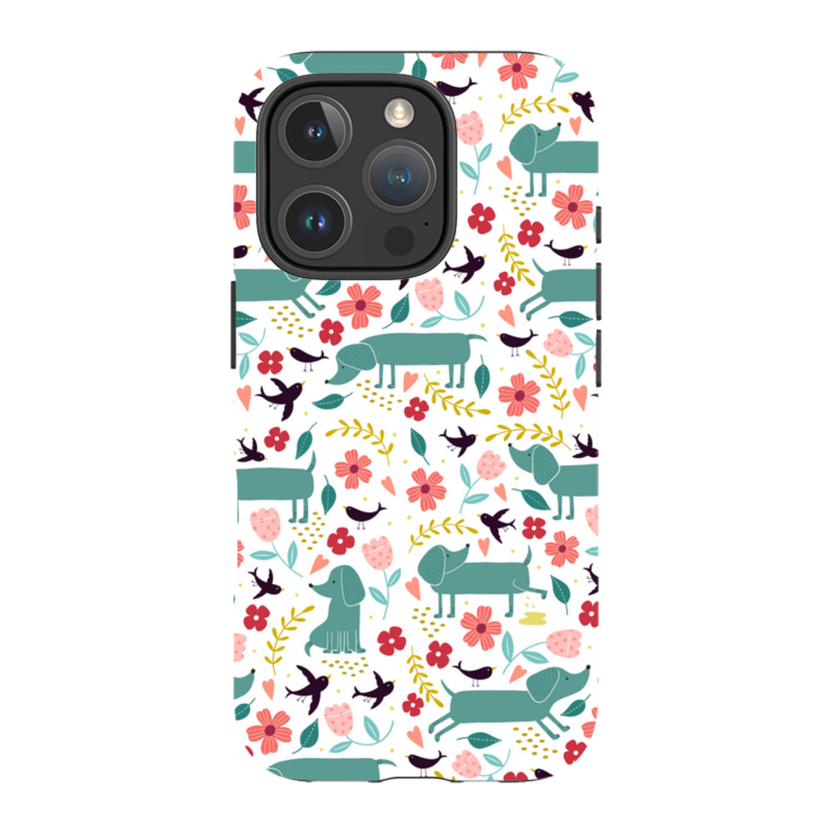 iPhone tough case featuring a teal dachshund, floral, and bird pattern on a white background with dual-layer protection.