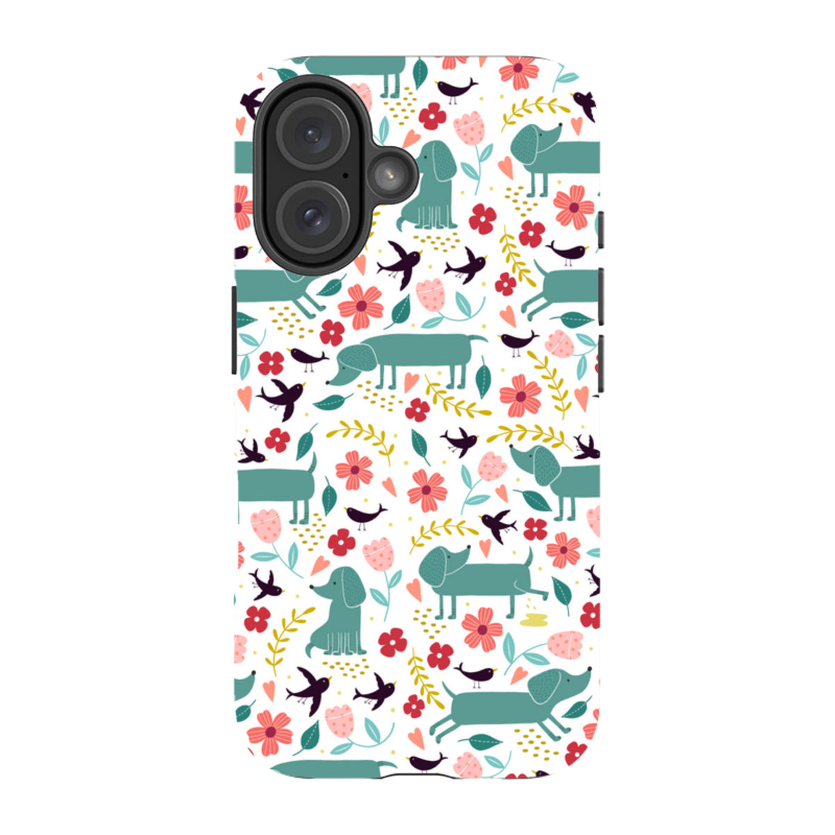 iPhone tough case featuring a teal dachshund, bird, and floral pattern on a white background with dual-layer protection.