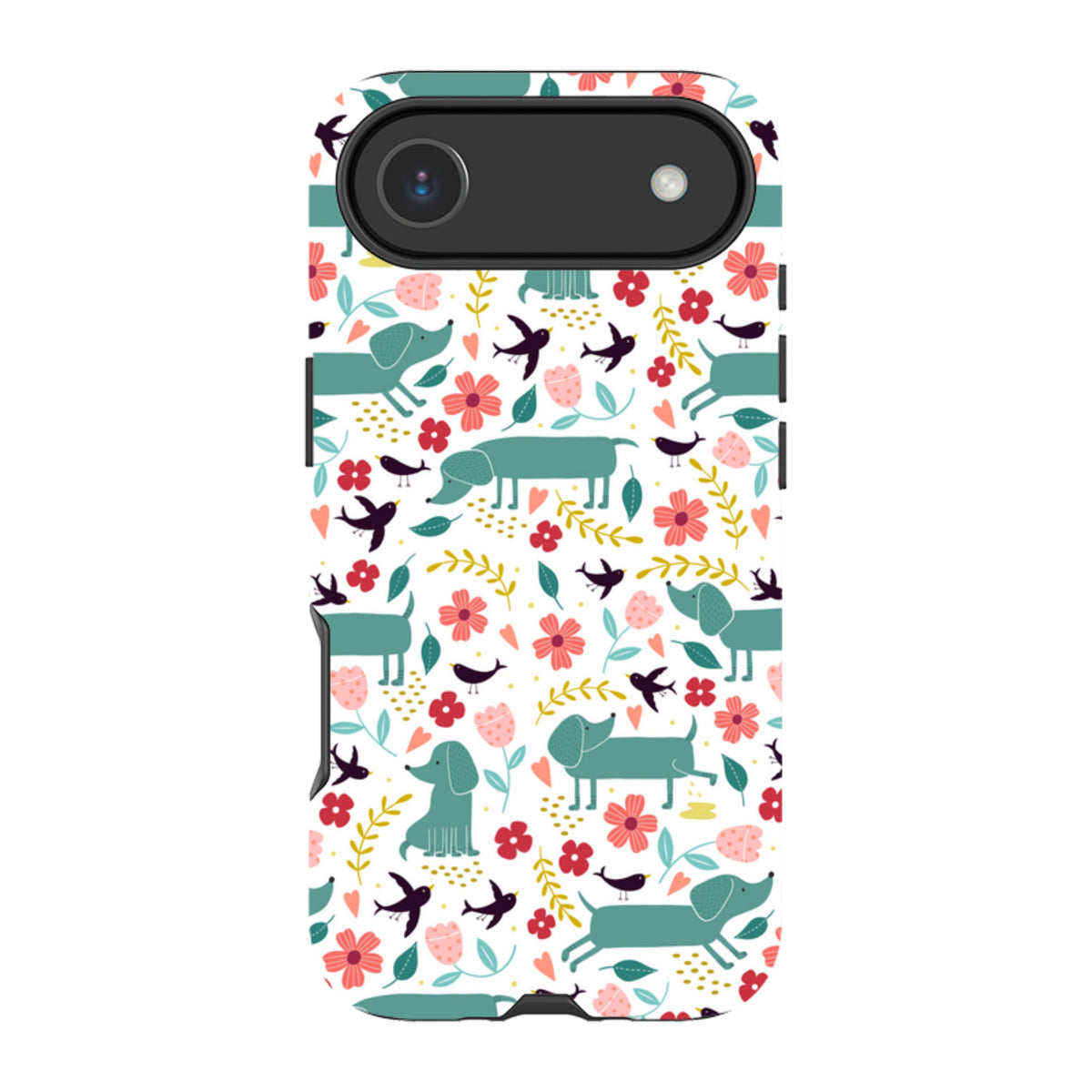Dual-layer iPhone tough case featuring a teal dachshund, flower, and bird pattern on a white background.