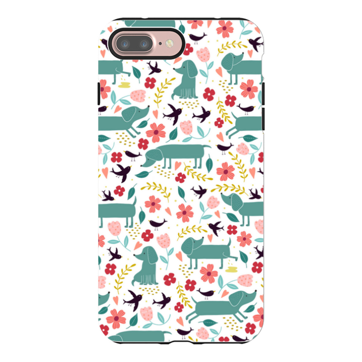 Dual-layer iPhone tough case featuring a playful pattern of teal dachshunds, colorful flowers, and birds on white.