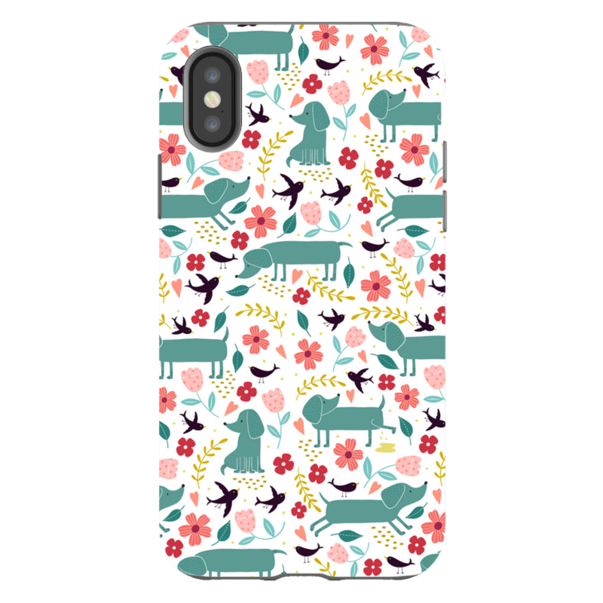 iPhone tough case with a playful teal dachshund, flower, and bird pattern on a white background.