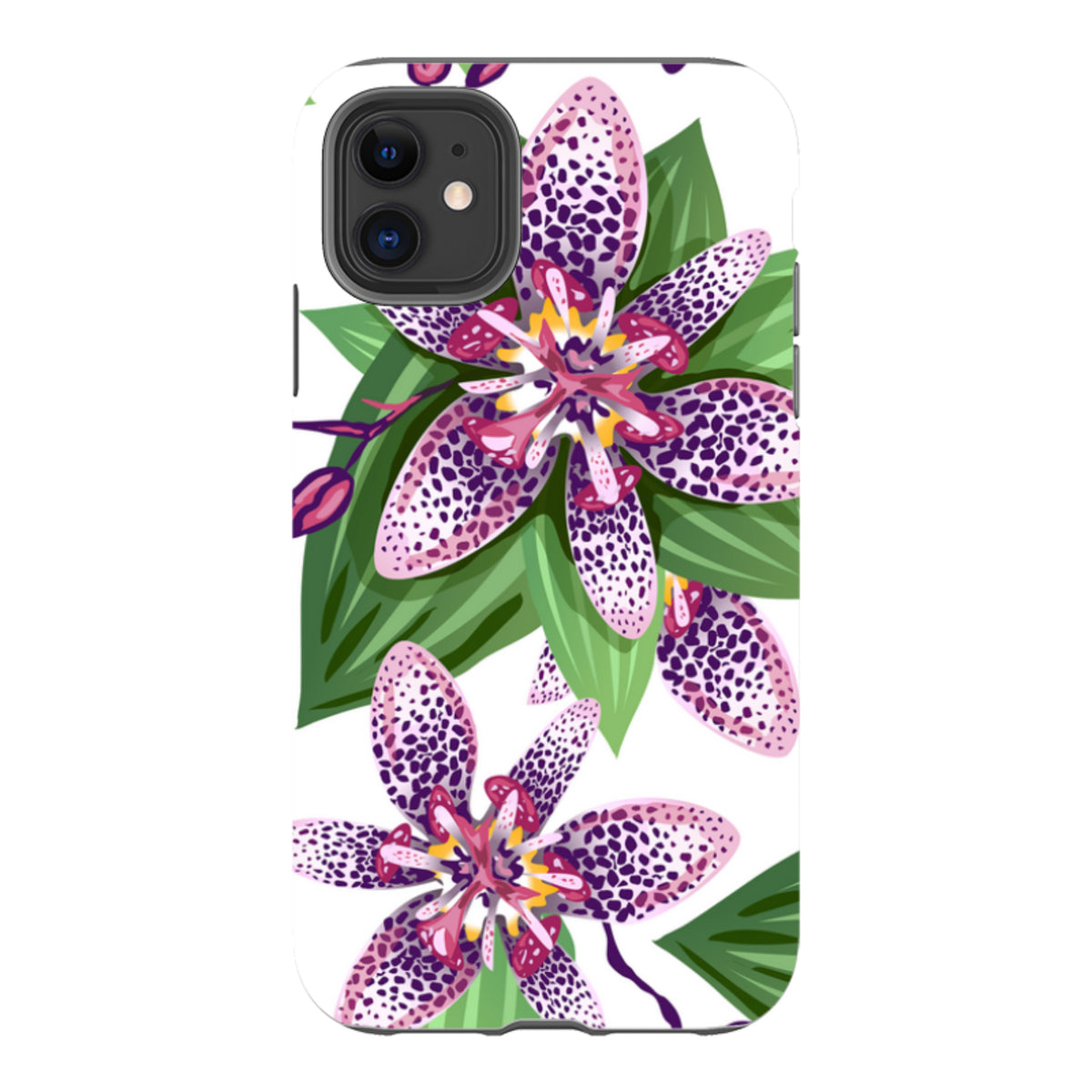 iPhone tough case featuring a Chelsea floral print with purple spotted petals and green leaves on a white background.