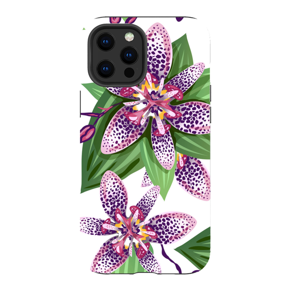 iPhone Tough Case featuring a Chelsea floral print with purple spotted orchid-like flowers and green leaves on white.