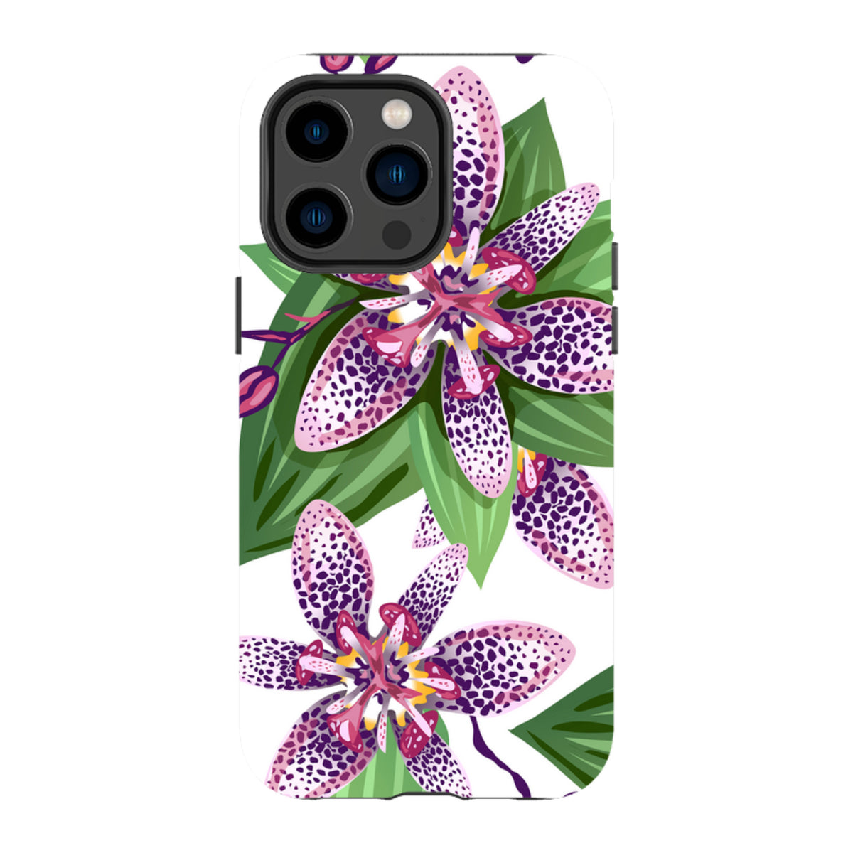 iPhone tough case featuring a Chelsea floral print with purple spotted petals and green leaves on a white background.