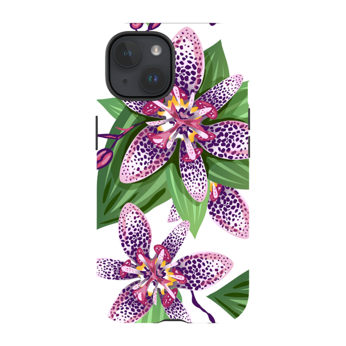 iPhone tough case featuring a vibrant Chelsea floral print with purple spotted petals and green leaves on a white background.