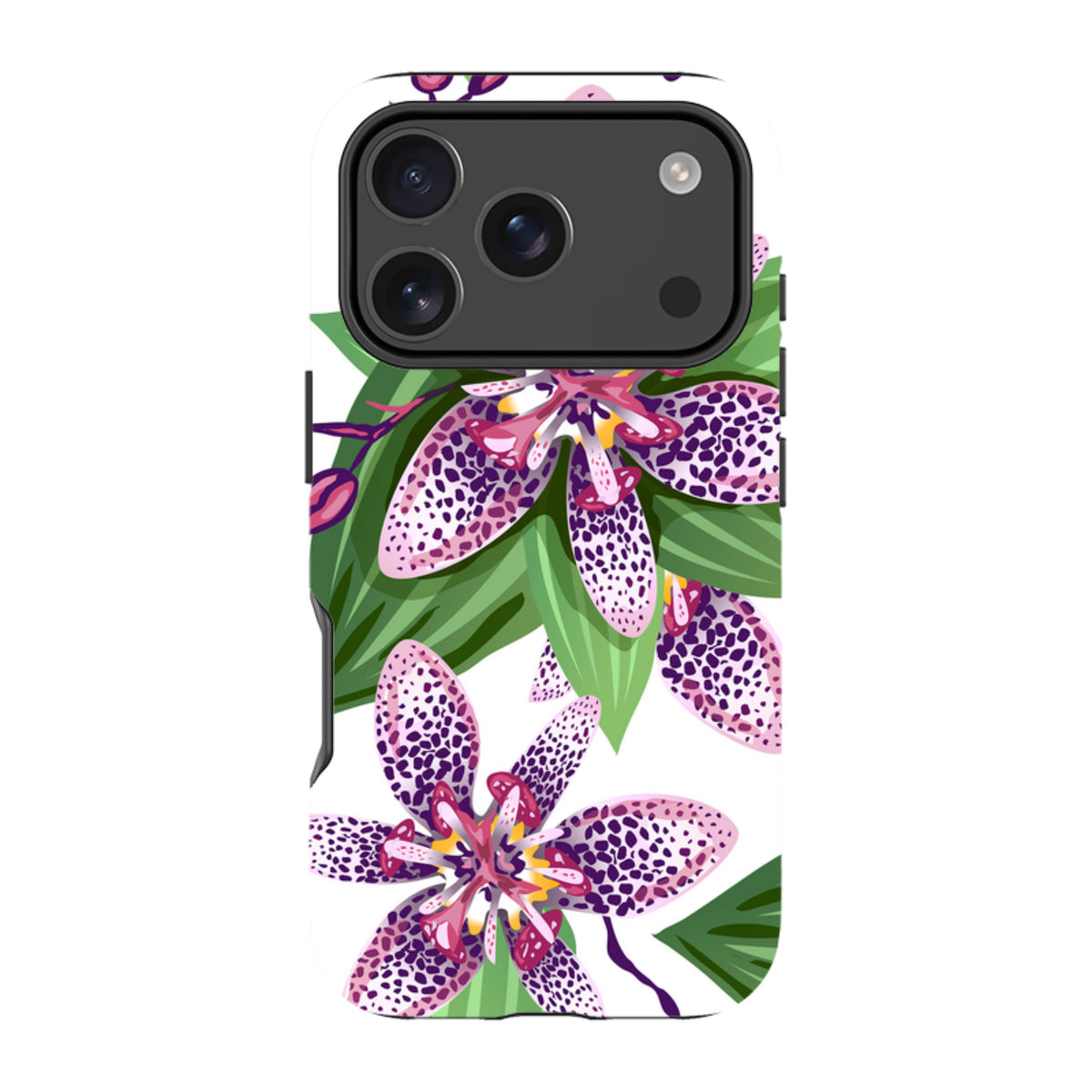 iPhone Tough Case featuring a Chelsea floral print with purple spotted flowers and green leaves on a white background.