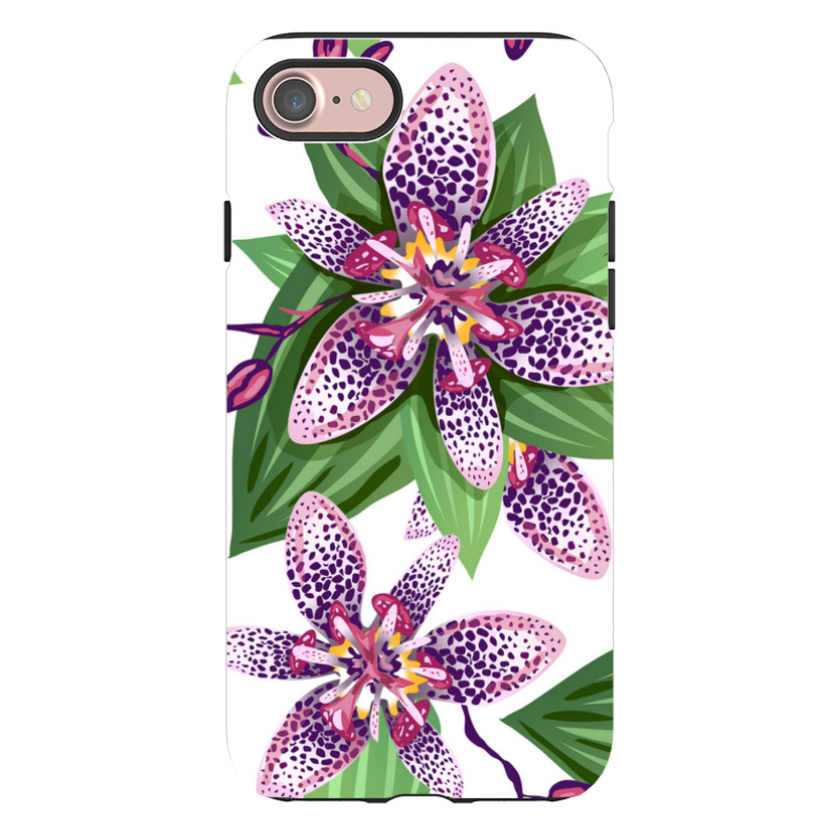 iPhone tough case with a Chelsea floral print featuring purple spotted flowers and green leaves on a white background.