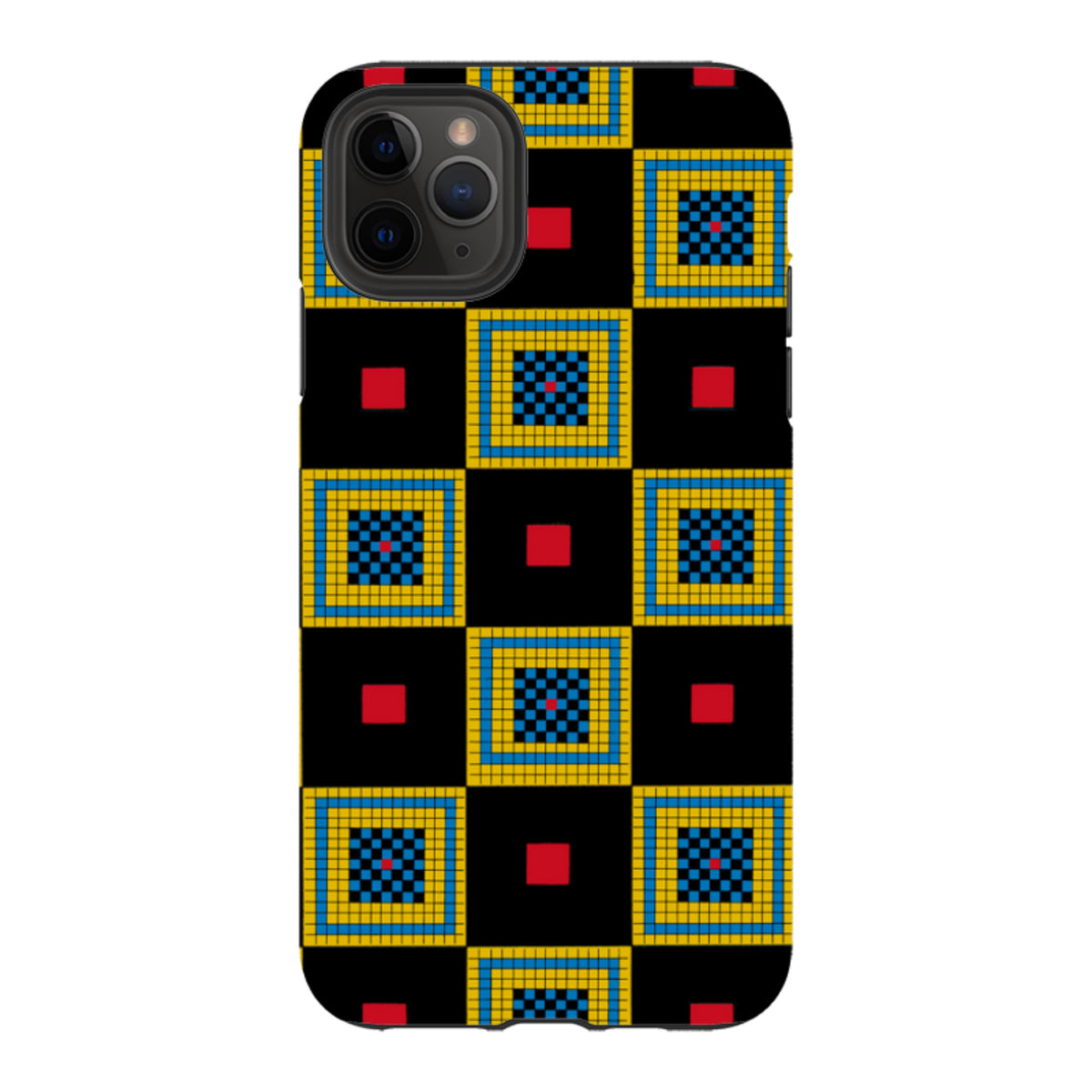 iPhone tough case featuring a black background with a geometric chequerboard pattern in blue, yellow, and red squares.
