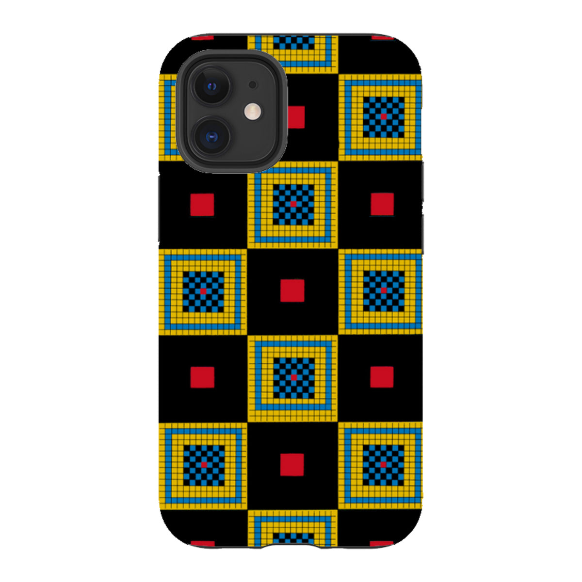 iPhone tough case with a black, yellow, and blue geometric chequers pattern by Cressida Bell and dual-layer protection.