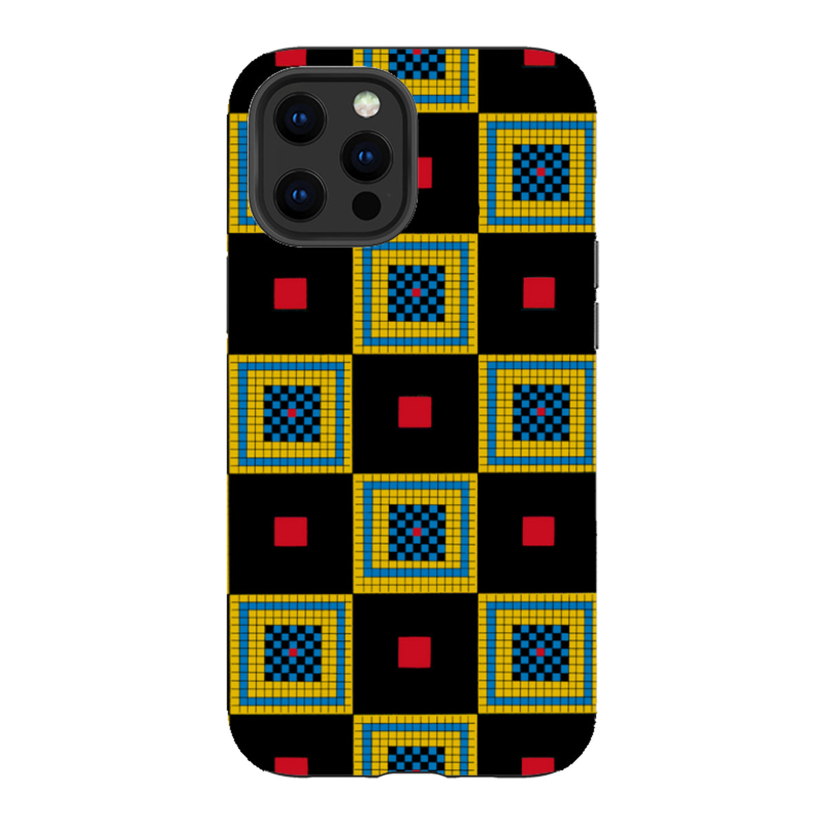 iPhone tough case featuring a black, yellow, and blue geometric chequers pattern by Cressida Bell with a triple camera.