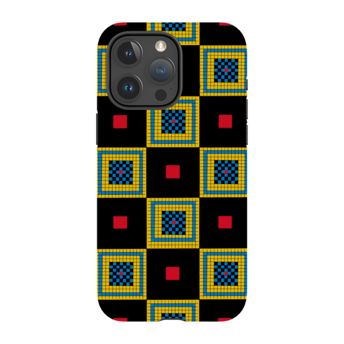 iPhone tough case featuring a black, yellow, and blue geometric chequerboard pattern by Cressida Bell.
