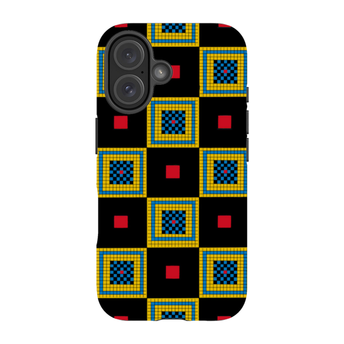 iPhone tough case with a black, yellow, and blue geometric chequers pattern by Cressida Bell and dual-layer protection.