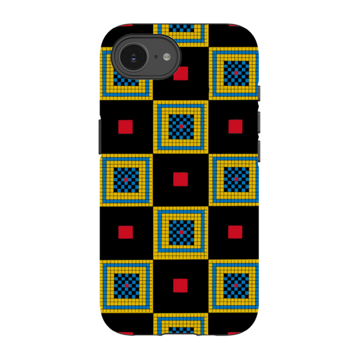 iPhone tough case featuring a black, blue, yellow, and red geometric chequers pattern by Cressida Bell.