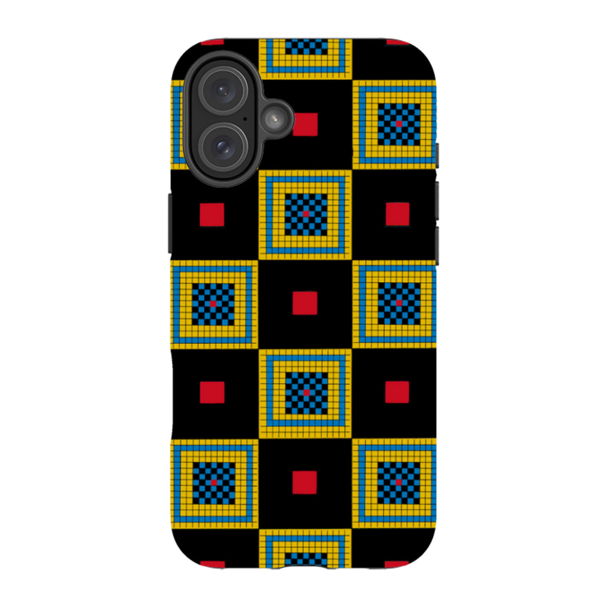 iPhone tough case featuring a black background with a geometric yellow, blue, and red chequerboard pattern.