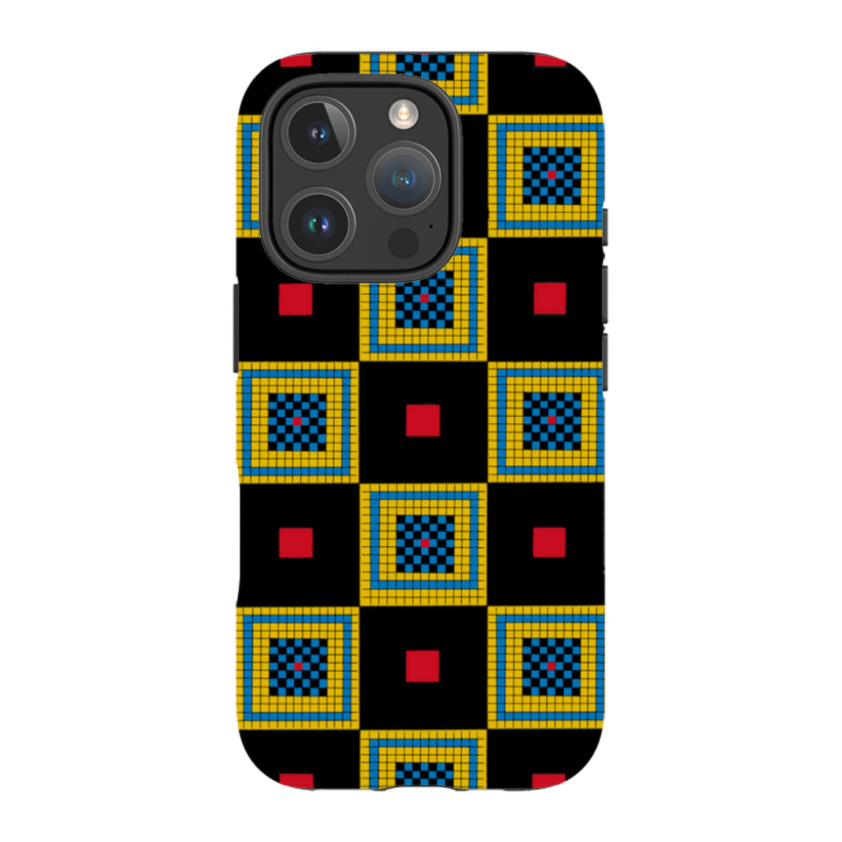 iPhone tough case featuring a black, blue, and yellow chequers pattern by Cressida Bell with dual-layer protection.
