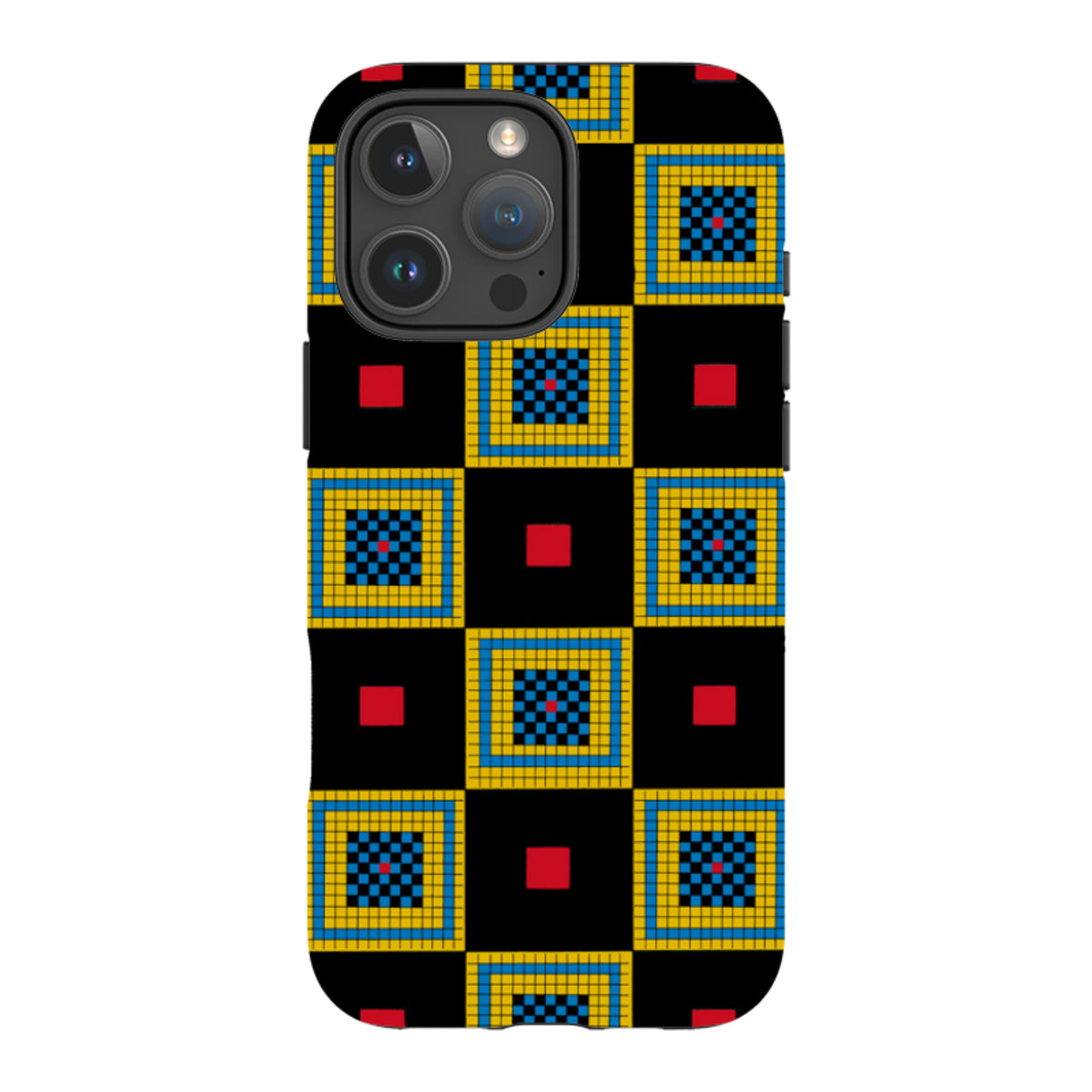 iPhone tough case featuring a black, blue, and yellow chequers pattern by Cressida Bell with a triple-lens camera cutout.