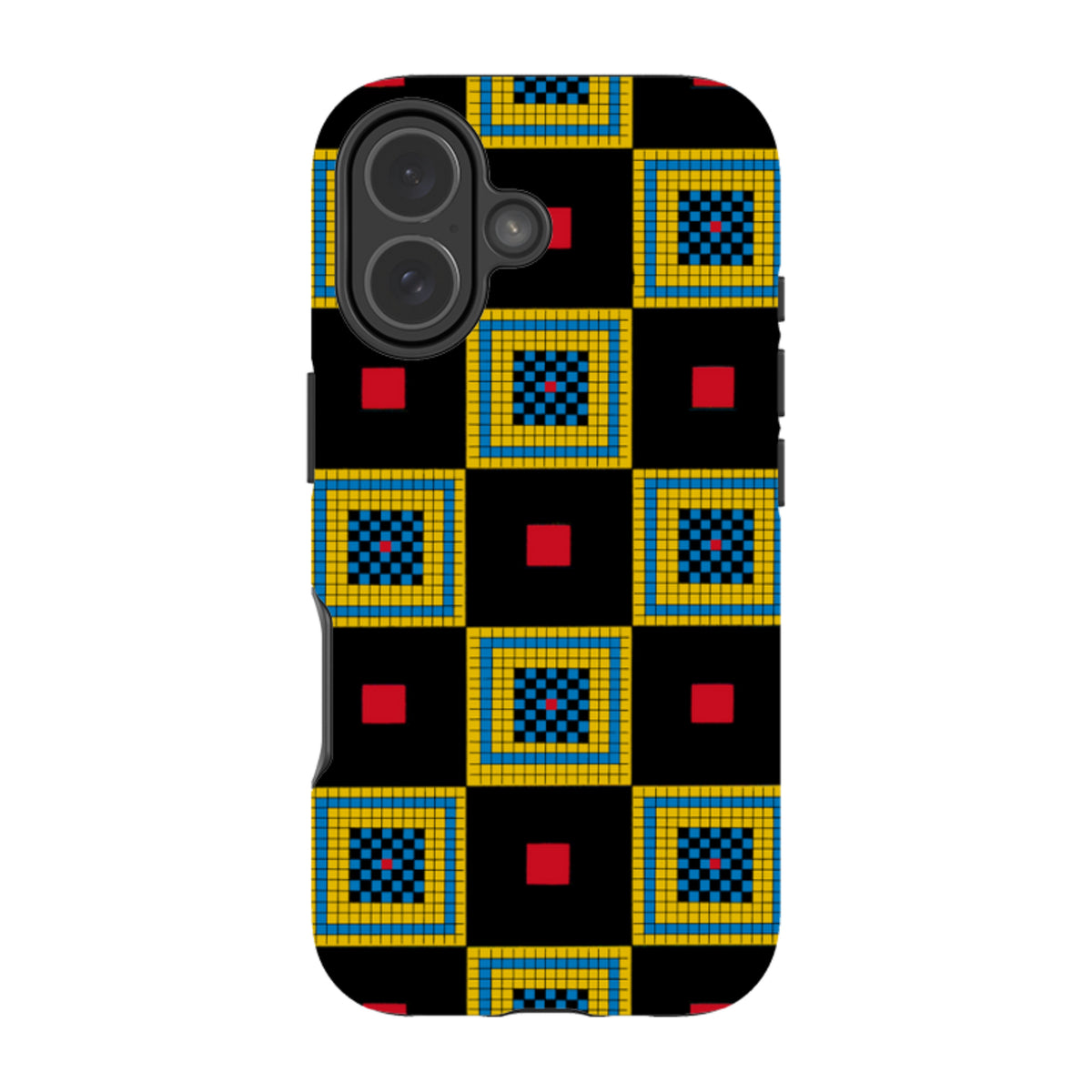 iPhone tough case featuring a black background with a yellow, blue, and red geometric chequerboard pattern.