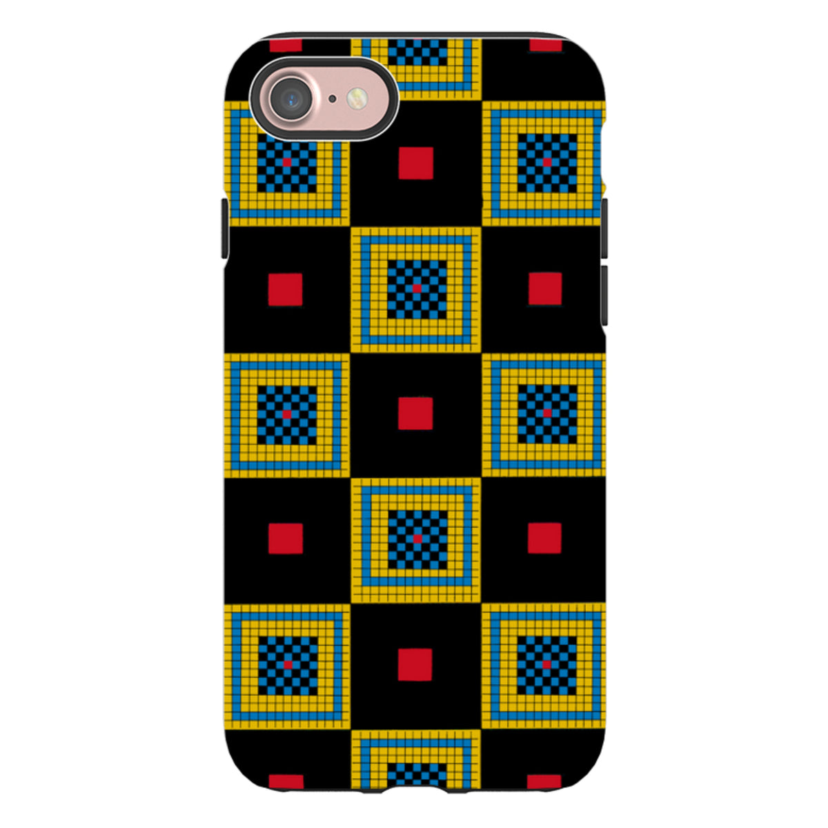 iPhone tough case with a black, yellow, and blue geometric chequers pattern by Cressida Bell and dual-layer protection.
