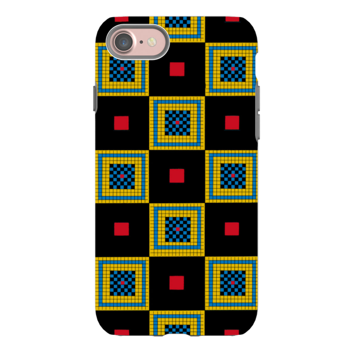 iPhone tough case featuring a black background with a geometric pattern of blue, yellow, and red squares.