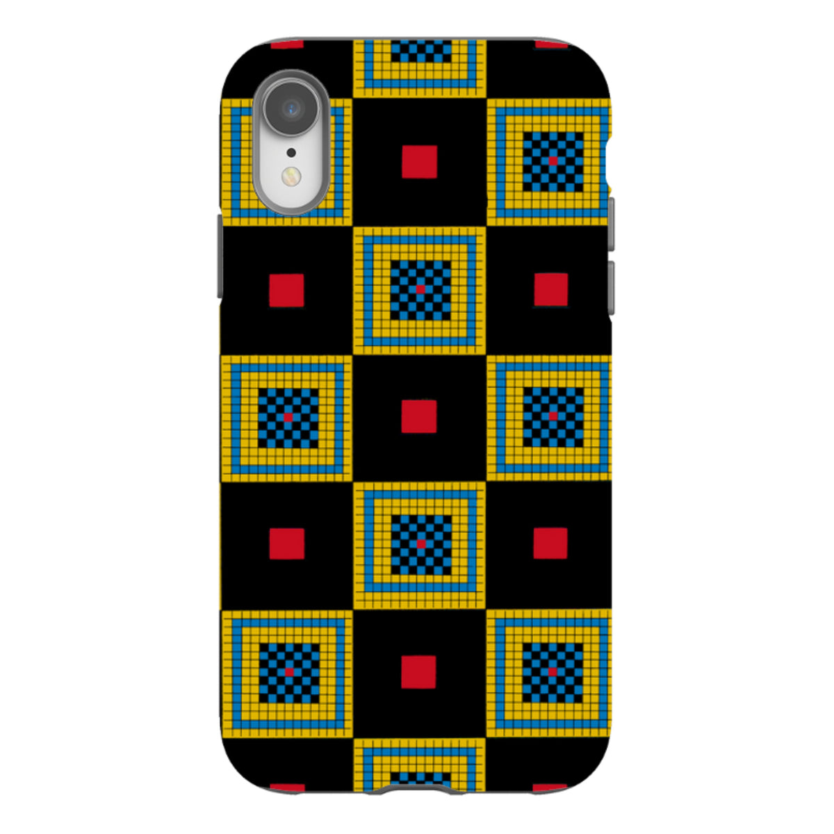 iPhone tough case featuring a black, yellow, and blue geometric chequers pattern by Cressida Bell with dual-layer protection.