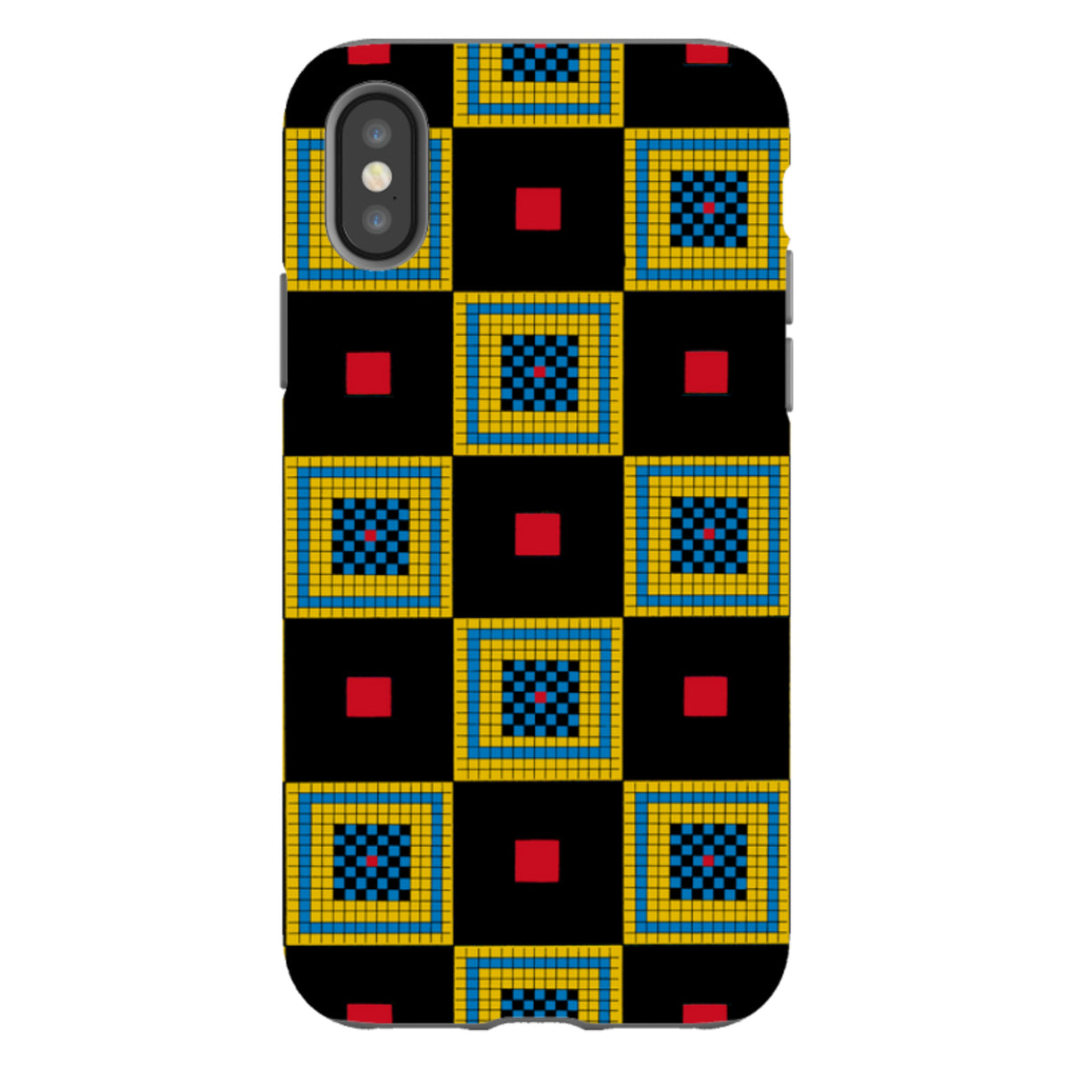 iPhone tough case featuring a black, yellow, and blue chequerboard pattern with red accents by Cressida Bell.