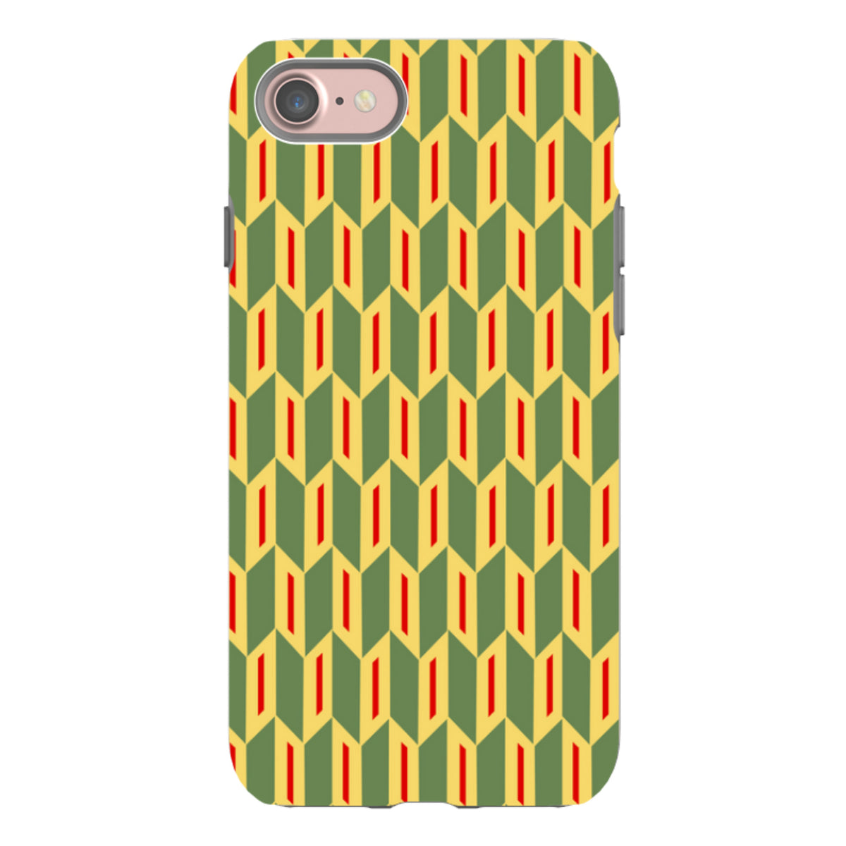 iPhone tough case featuring a green, yellow, and red chevron pattern by Cressida Bell with a dual-layer protective design.