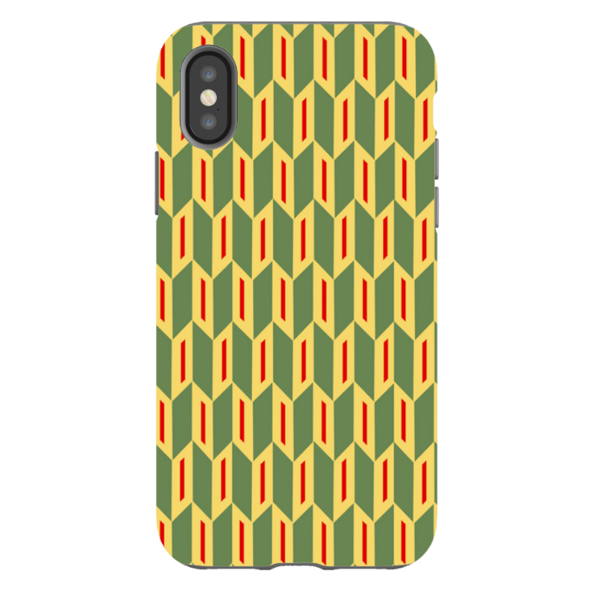iPhone tough case with a green, yellow, and red chevron geometric pattern and a protective dual-layer design.