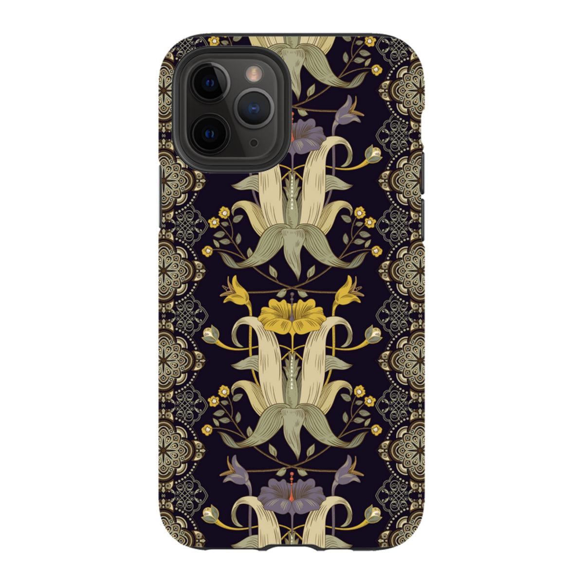 iPhone tough case featuring a dark floral Chiddingford pattern with intricate gold and purple botanical illustrations.