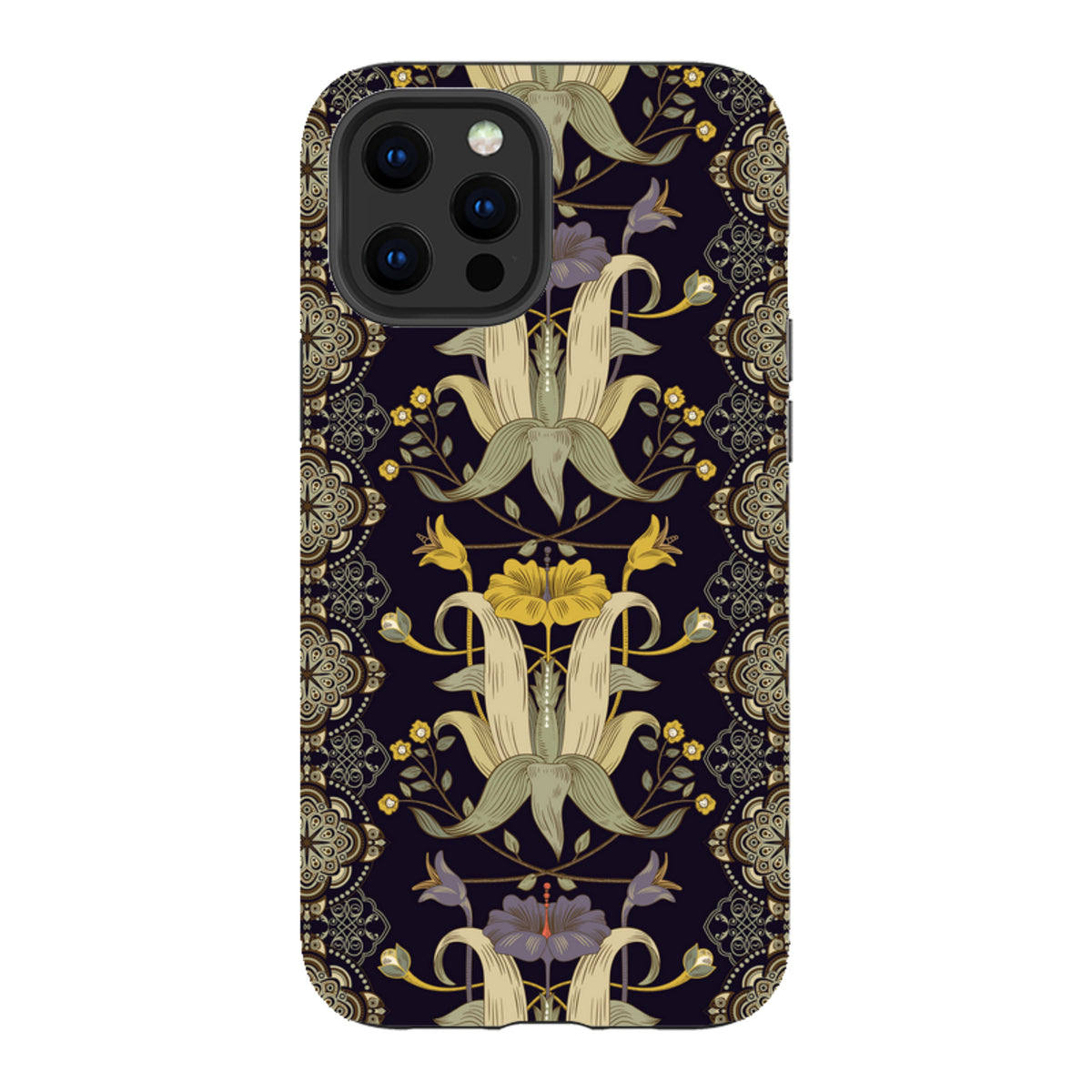 iPhone tough case with Chiddingford floral pattern in yellow, purple, and cream on a dark background with dual-layer protection.