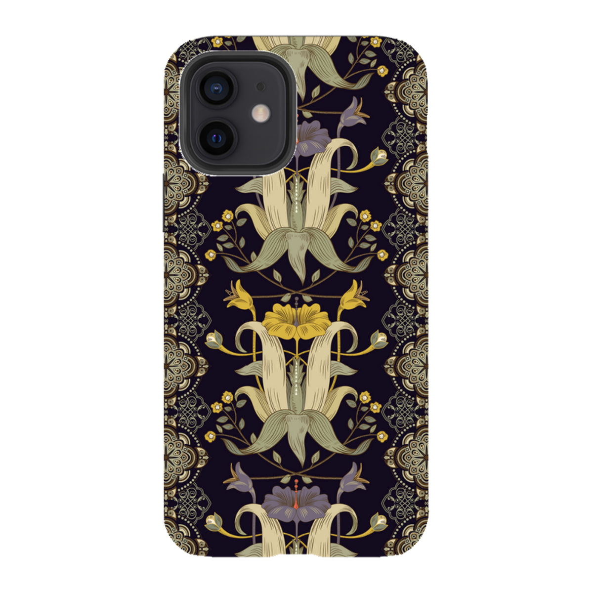 iPhone tough case featuring a dark floral Chiddingford pattern with intricate yellow and purple botanical illustrations.